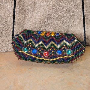 VINTAGE SORPRESA MULTI-COLORED BEADED/JEWELED CROSS CHEST CORD  HAND BAG